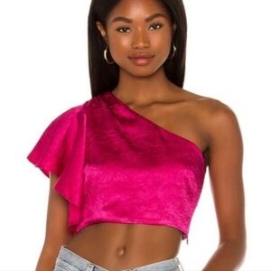 Lovers + Friends Fuchsia Pink Satin One-Shoulder Crop Top